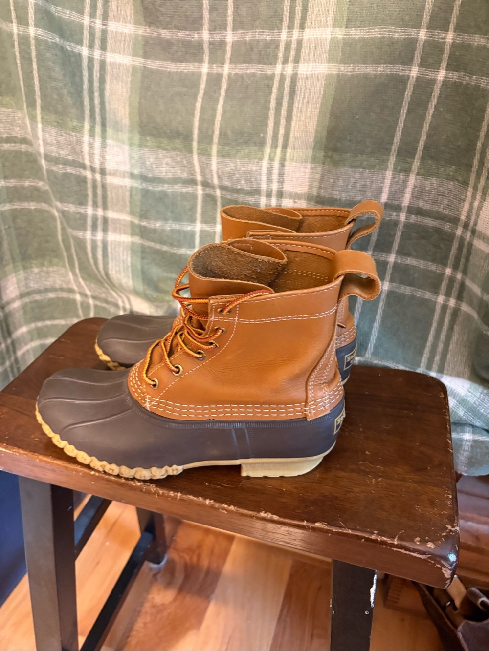L.L. Bean Tan Leather and Dark Brown unlined Rubber Duck Boots